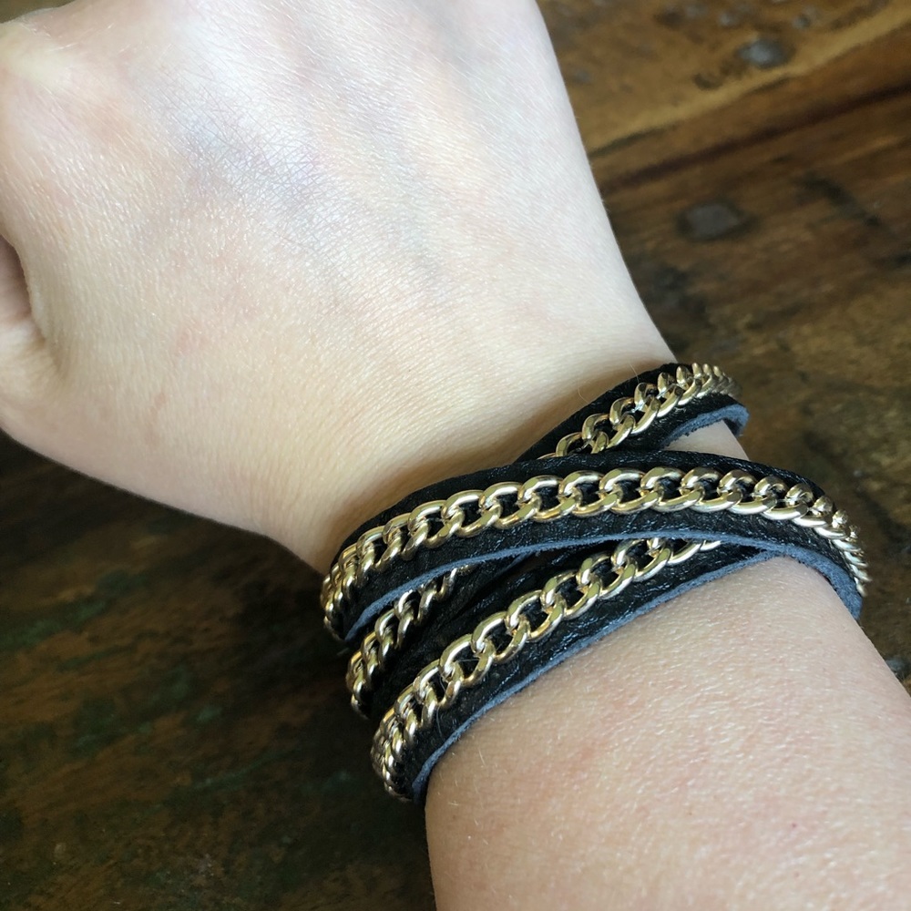Black And Gold Faux Leather Wrap Bracelet